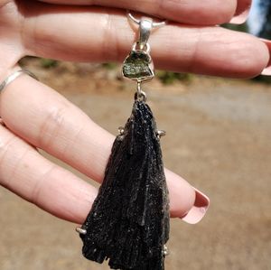 Czech Republic Moldivite/Black Kyanite Pendant
